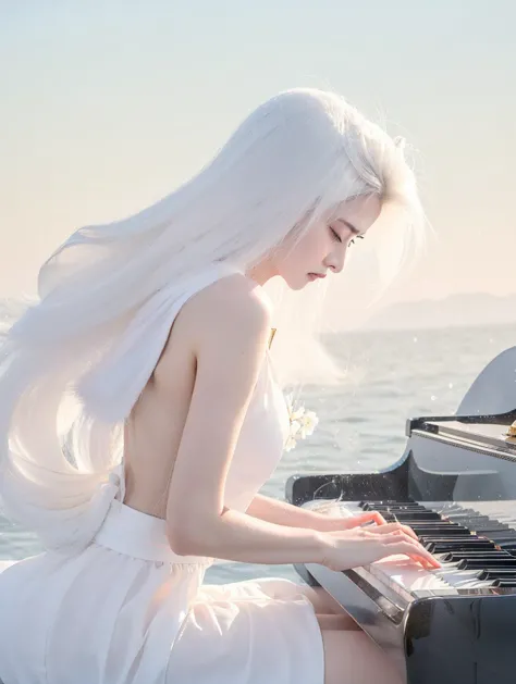 Beautiful Japanese Waifu, early 30s, white hair, white dress, playing piano at seasides 