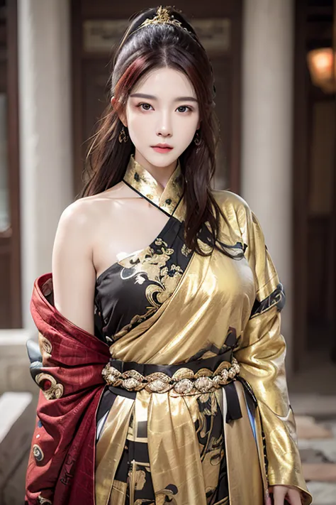 Fei Yu_robes， red cloth, red hair, Whole body, Gold Embroidery， black embroidered gold， high ponytail， depth of field，  night sc...