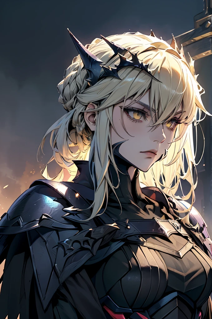 solo, (best quality,highres:1.2),detailed portrait,dark and mysterious,Arturia Pendragon from Fate/Grand Order, LancerAlter,glowing yelow eyes,flowing hair,armor,crown of thorns,moonlit background,dramatic lighting,sacred aura, Artorias, dark black and red armor