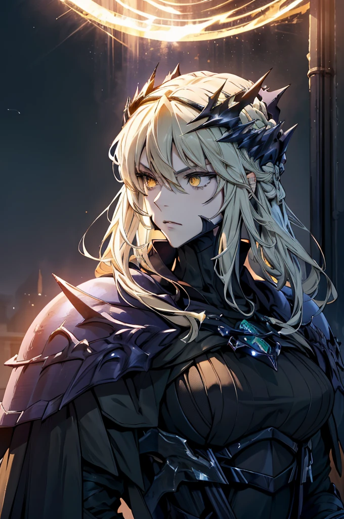 solo, (best quality,highres:1.2),detailed portrait,dark and mysterious,Arturia Pendragon from Fate/Grand Order, LancerAlter,glowing yelow eyes,flowing hair,armor,crown of thorns,moonlit background,dramatic lighting,sacred aura, Artorias, dark black and red armor