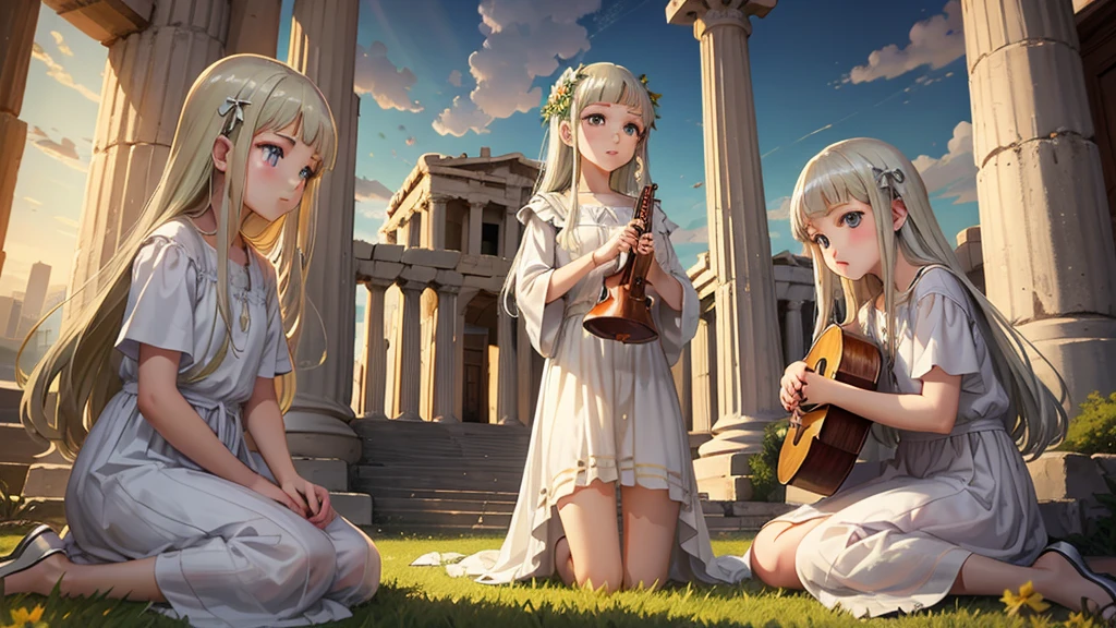 最high quality、high quality、Young Greek God々、Sanctuary Grasslands、Long dress、Full of light、Mysterious、Little angels are playing instruments all around、Greek temple in the clouds、skyline、