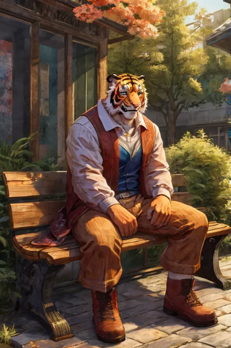 tiger personification、a happy look、masterpiece、highest quality、detailed background、garden、sitting on a bench