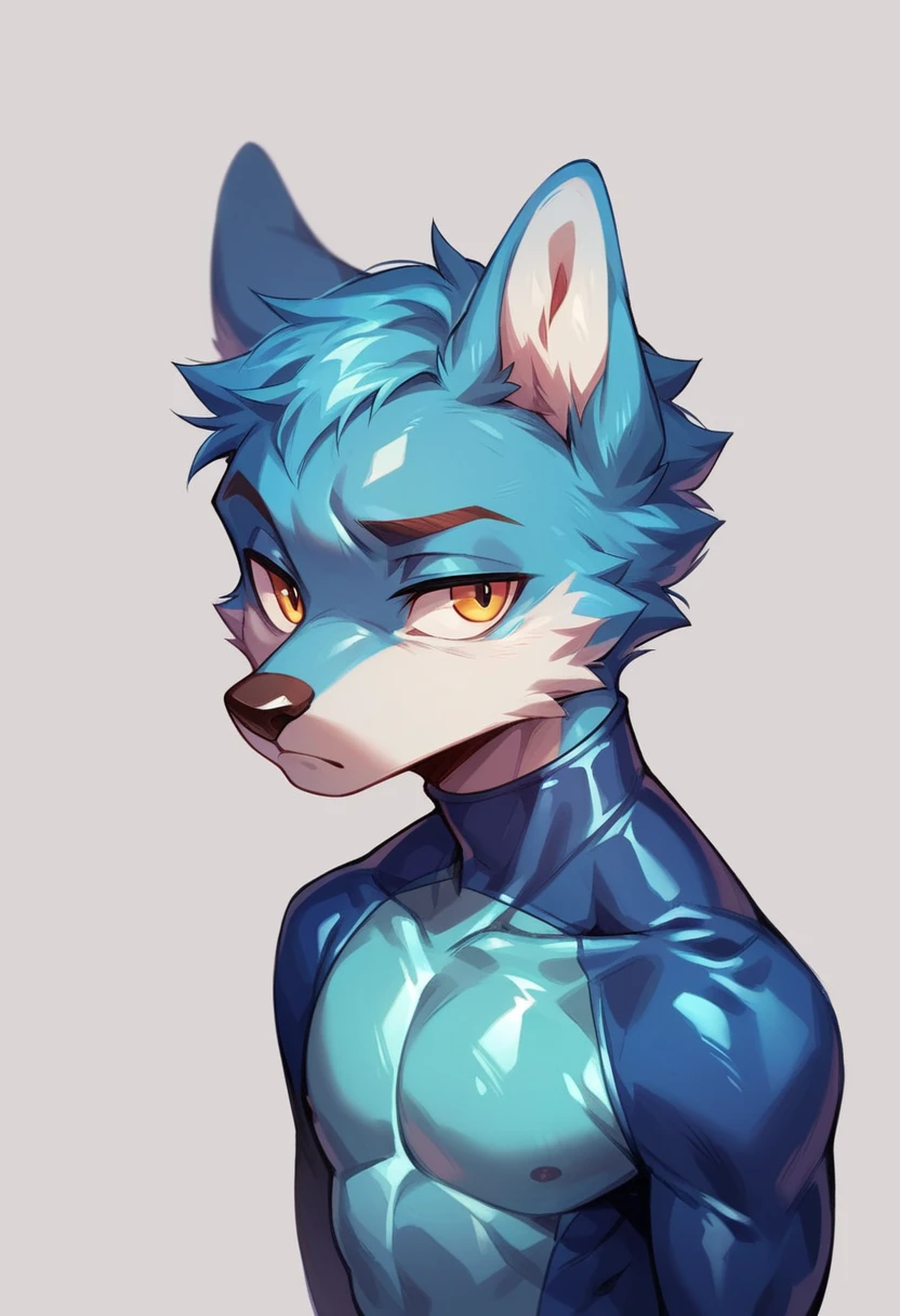 this illustration of one male person, anthro junior wolf is wearing blue shiny rubber bodysuit, and blue shiny rubber full-face head, shiny, white background, in furry art style, sleek