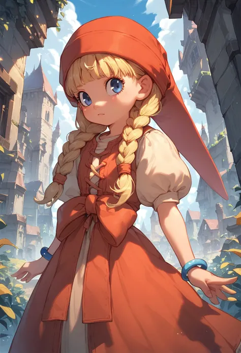 score_8, score_9, veronica, hat, blonde hair, twin braids, blue eyes, dress, waist bow, bracelet