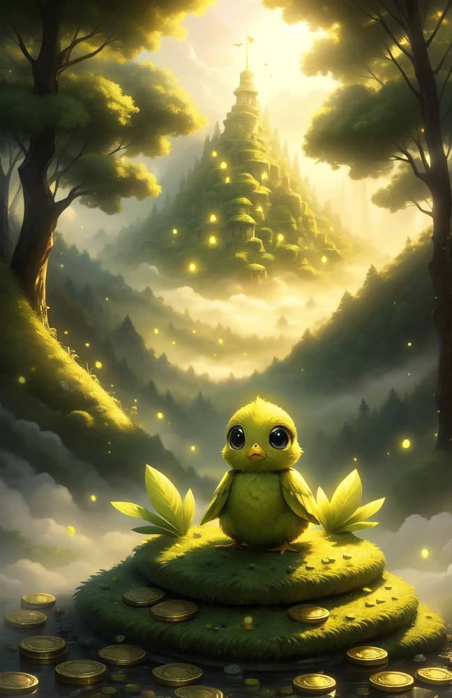 (((Green Chick))) Cute sky creatures, Cute big eyes, Living in a green forest, Bitcoin,  Coins pile up, Coin Mountain, Sunlight,Magic in the air,Calm and peaceful atmosphere,Signs of fog in the distance,Great quality,Infinite photorealistic detail