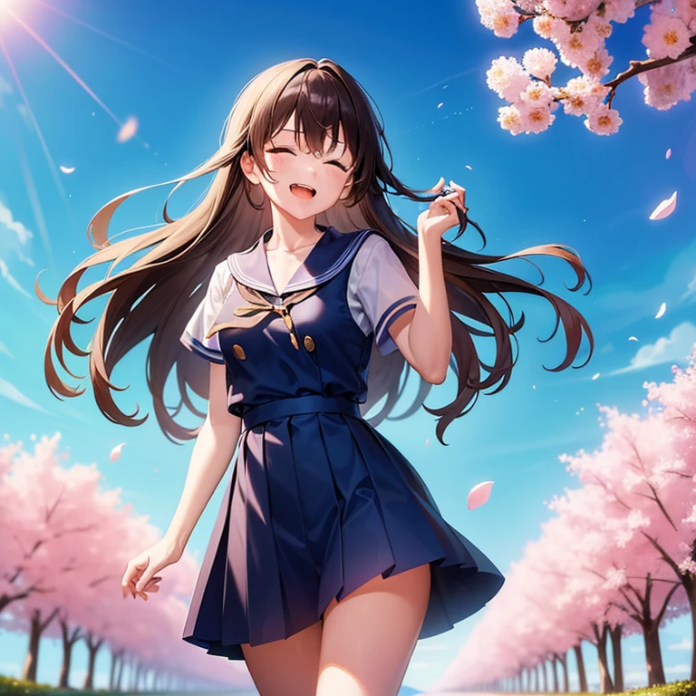 Masterpiece, 32k, best quality, ultra high res, HDR, UHD, extremely detailed background, unity 32k wallpaper, One teenager girl, solo, hair between eyes, closed eyes, Brown long hair, standing, flowes floating in the air, outdoors, blue sky, clouds, tree, petals, floating hair, cherry blossoms, pink flower, wears Blue sailor suit, open mouth, smile, sunny day