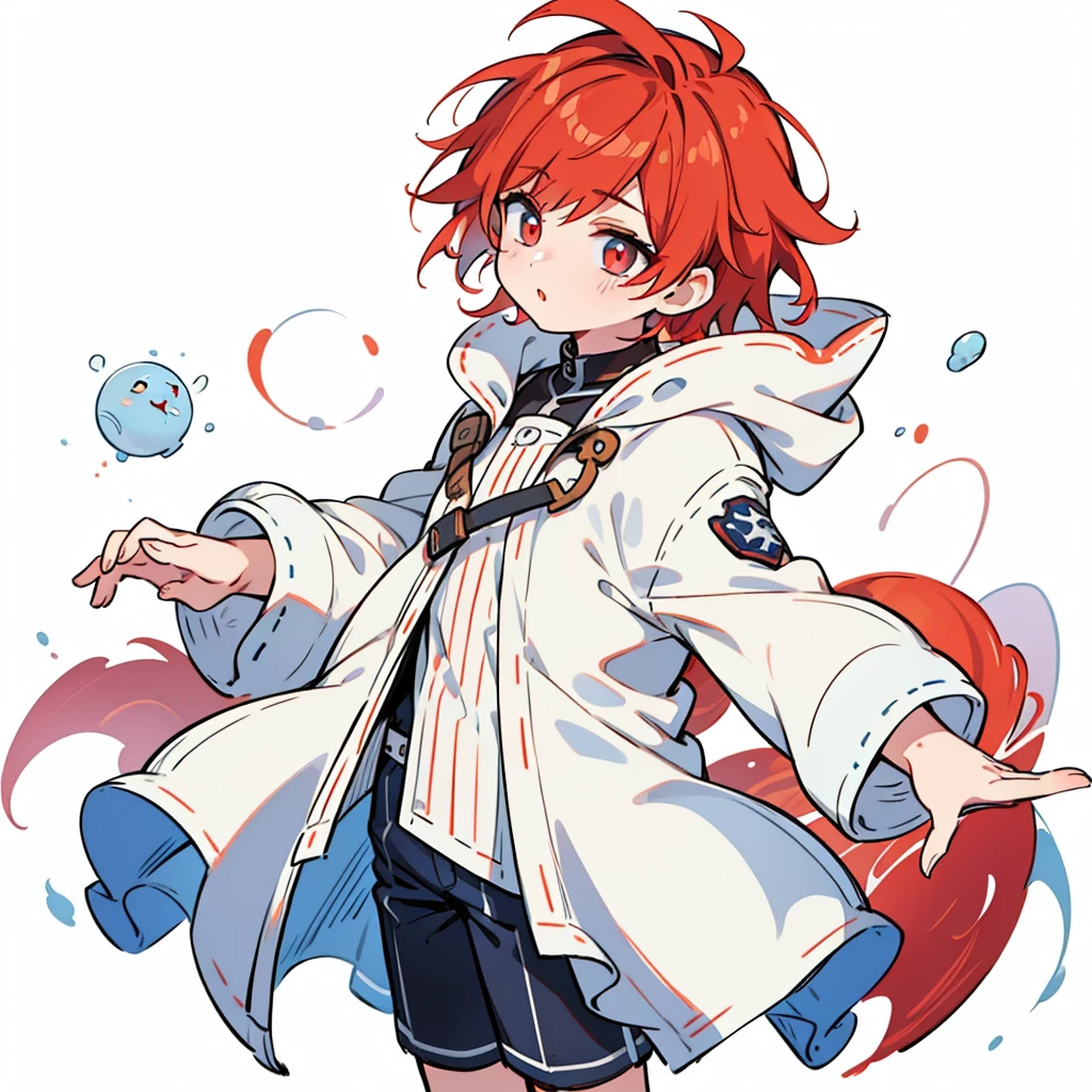 One boy, whole body, Character Design,Hair color that is a mix of white and red hair , high quality, Wide Shot, White background,