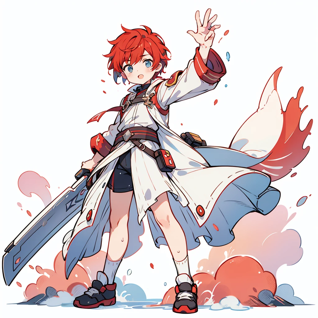 One boy, whole body, Character Design,Hair color that is a mix of white and red hair , high quality, Wide Shot, White background,