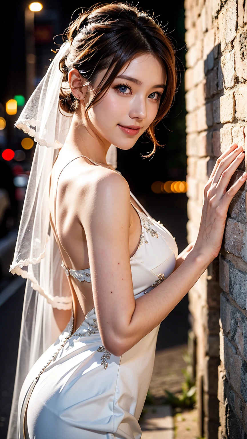 bride、Wedding Style、wedding style photos、Luxury dresses、church、Light clothing、Formal Wear、night scene、illumination、Blue eyes、bionde、short hair、Hair tied up、Full body photo、Sexy Face、short hair、 Complete look、(((masterpiece)))、((Highest quality))、((超Realistic))、Mature woman、Mature woman、perspective、Very detailed、The perfect temptation、Best image quality、Fine-grained image quality、beautiful、Europe, woman, French, woman Italian, Italian, smile、Blue eyes、jewelry, Blue eyes, Realistic, High resolution, Glowing Skin, (Detailed face),jewelry, , night, bionde, Wavy Hair,Attractive appearance, smile,