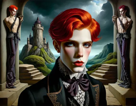 a gothic victorian red-haired prince androgynous boy man ,beautiful detailed eyes,beautiful detailed lips,extremely detailed fac...