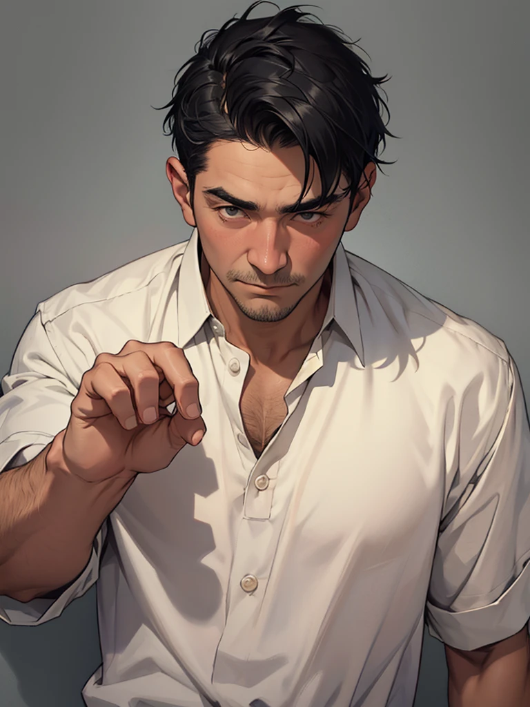 One Man, Portrait from chest up, Very short black hair, Old man in clothes, Please open your eyes a little, Male hand,Man&#39;s face,Male eyebrows, Male Eyes, Sharp Nose ,Long Nose, Slicked back with wax, Black butler uniform, Iris, walking , A kind smile, Reminiscent of a novel cover, Dramatic lighting, Emphasize the contrast between light and shadow, (Official Art, Highest quality、unity 8k wallpaper、32k、masterpiece、Very detailed, grab your hair with your hands, Cinema Lighting, Isekai Tensei, anime,Beautiful light shining through the window, sense of cleanliness,