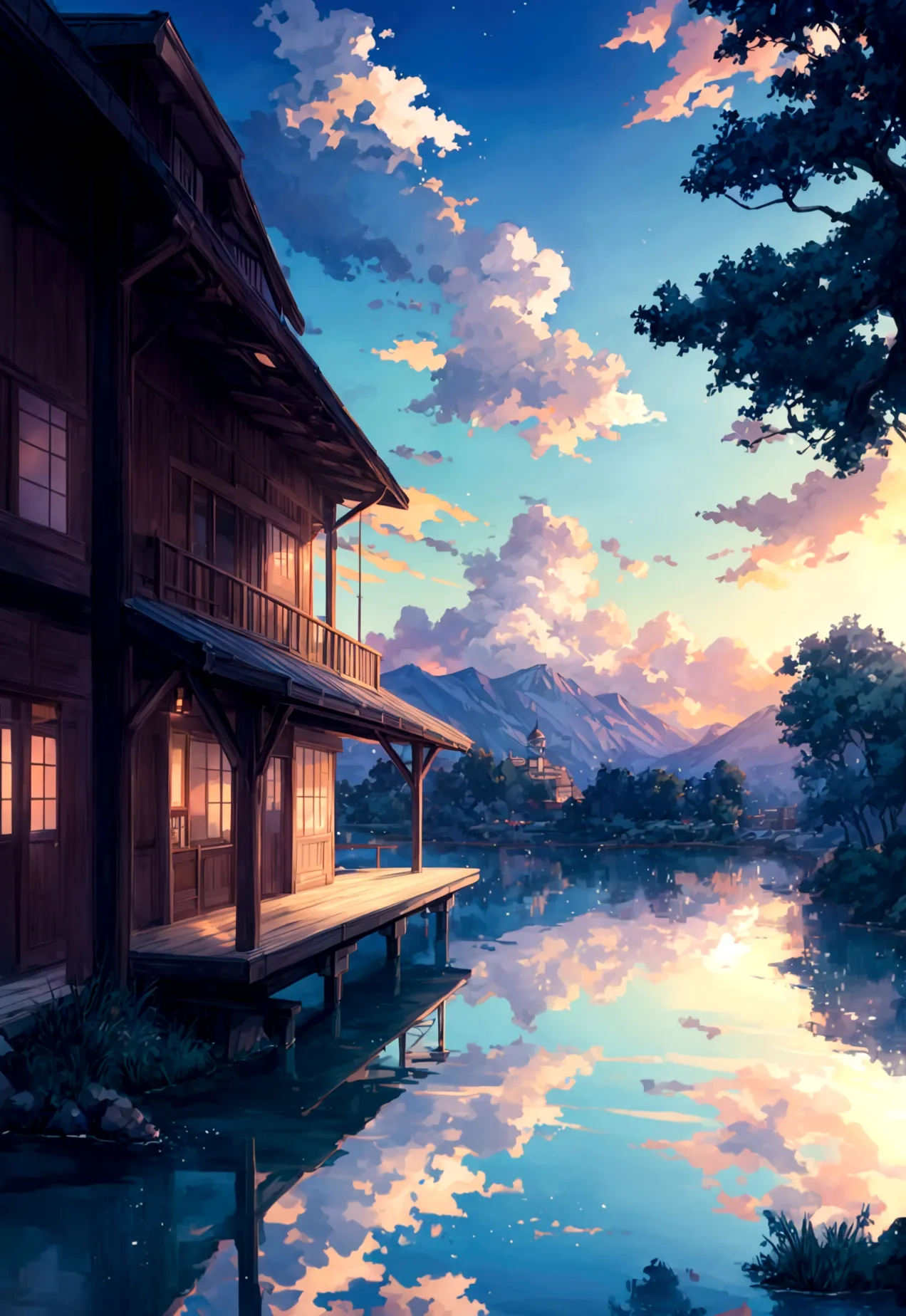 anime scenery with a bench overlooking the water and mountains, anime scenerys, beautiful anime scenery, beautiful anime scene, ...