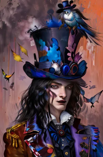 painting of a woman with a hat and a bird on her head, the madhatter, the rad hatter, he is wearing a top hat, an expressive dig...