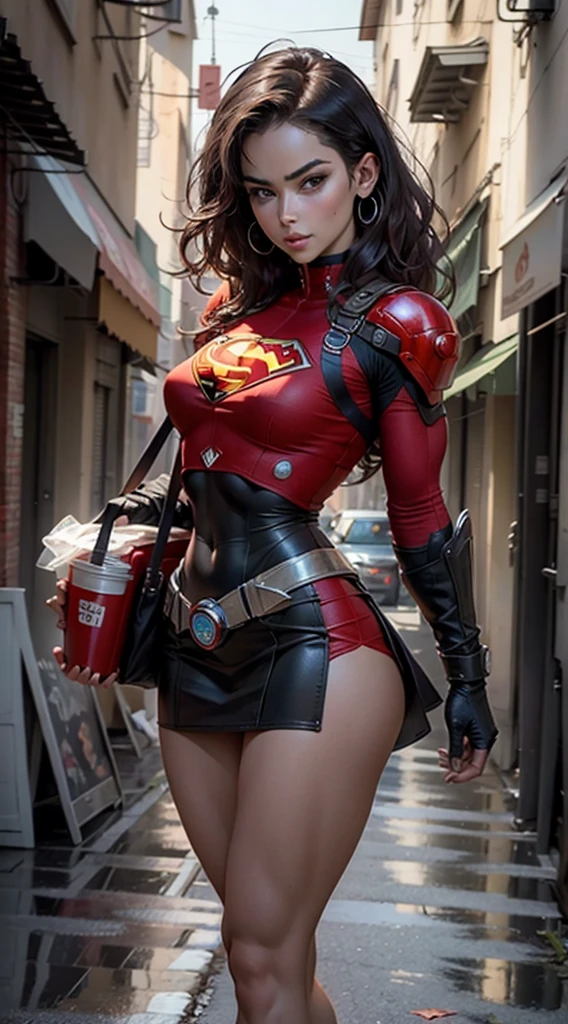 motor irreal:1.4,CG ultra realista 64K, fotorrealista:1.4, textura de la piel:1.4, obra maestra:1.4,posing behind Beautiful woman in a Superman costume standing in front of a fire apocalyptic city, mostrando vientre plano,red miniskirt, ,beautiful fine hands,