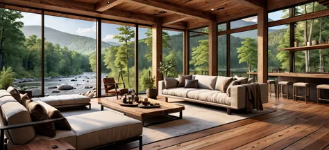 Design a modern cabin retreat with a stunning mountain and river view. The setting should feature a sleek wooden deck with conte...