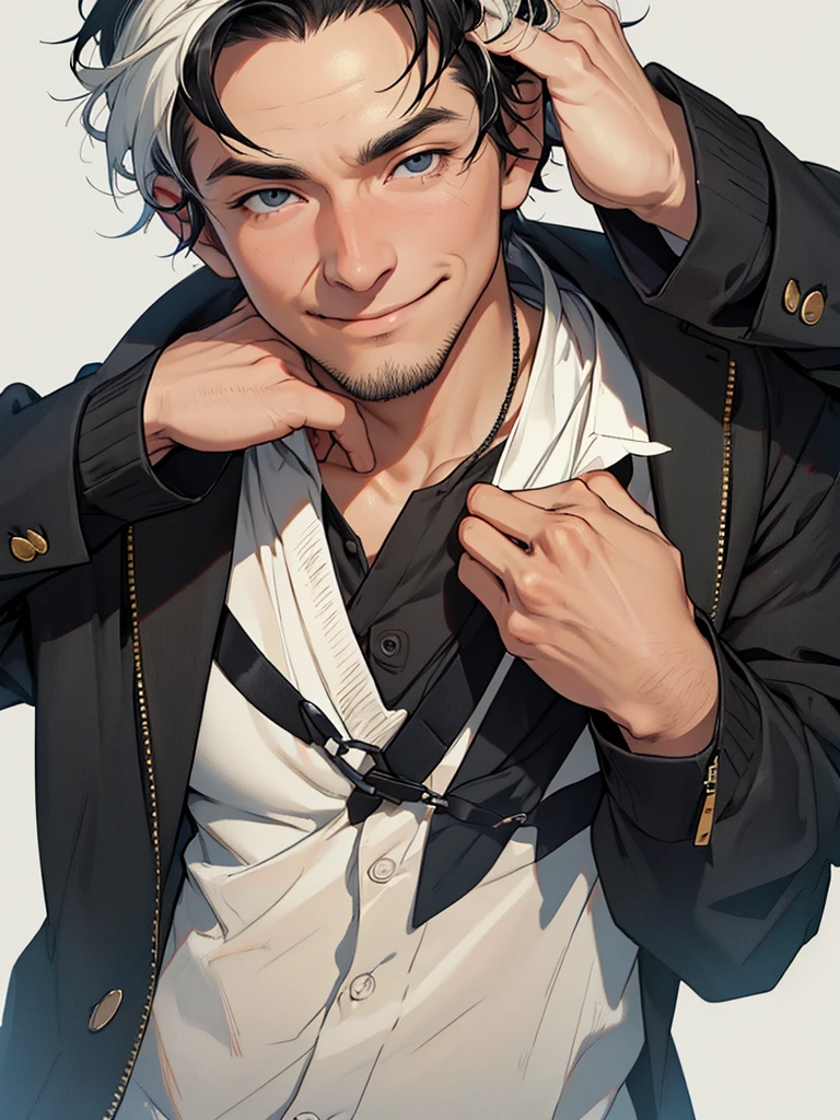 A kind smile, One white guy, Portrait from chest up, Very short black hair, Old man in clothes, Please open your eyes a little, Male hand,Man&#39;s face,Male eyebrows, Male Eyes, Sharp Nose ,Long Nose, Slicked back with wax, Black butler uniform, Iris, walking , A kind smile, Reminiscent of a novel cover, Dramatic lighting, Emphasize the contrast between light and shadow, (Official Art, Highest quality、unity 8k wallpaper、32k、masterpiece、Very detailed, grab your hair with your hands, Cinema Lighting, Isekai Tensei, anime,Beautiful light shining through the window, sense of cleanliness,