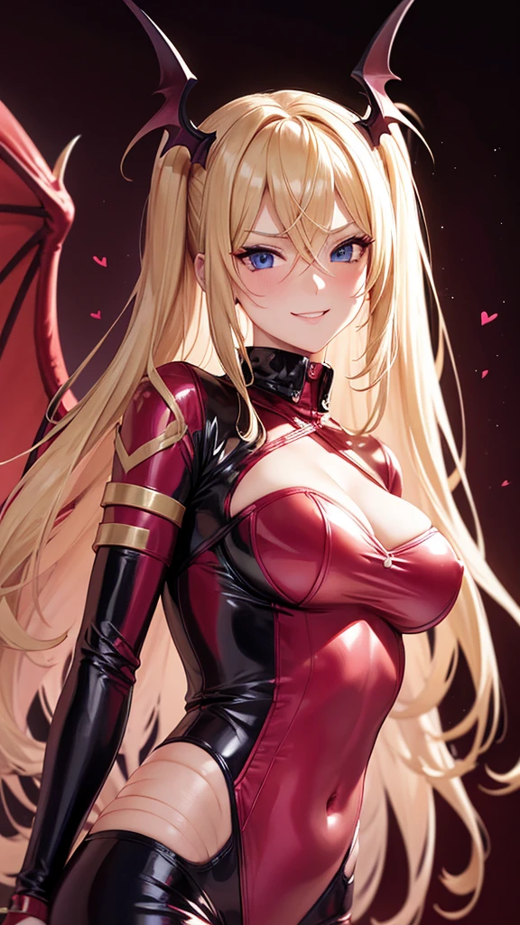 Erotic　Blonde, tall, busty, mature, married woman, pink sequins, female executive in rubber suit, red, black background, heart, bedroom, dark theme, evil, temptation, excitement, condescending smile, sexy pose, upper body emphasis, angle from below, bat wings, succubus