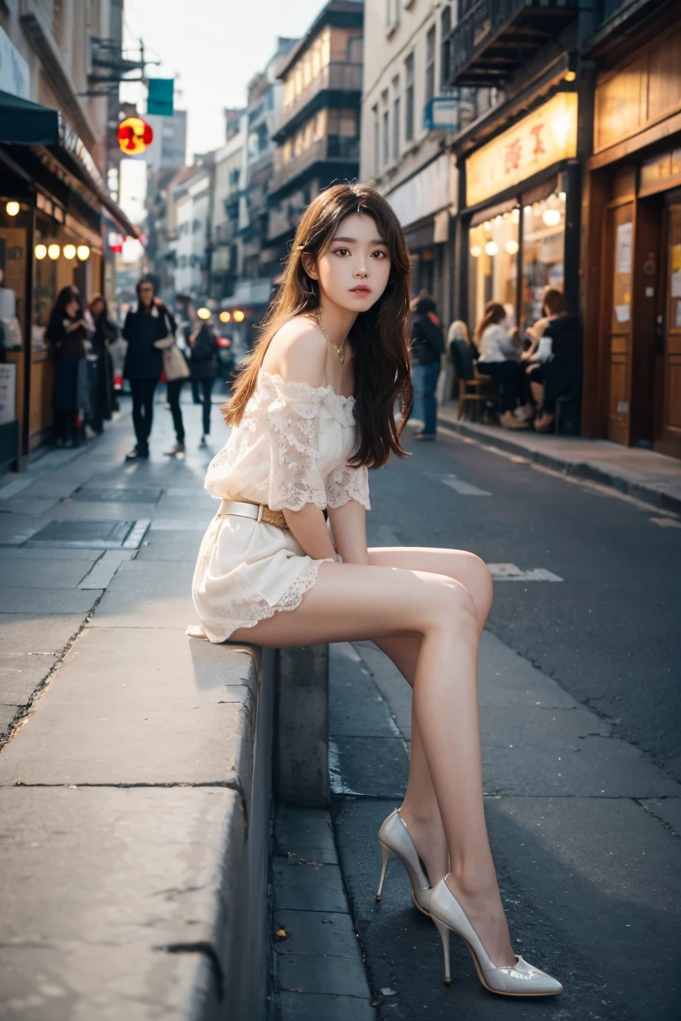 Front Angle, (8K, best quality, masterpiece:1.2), (Practical, photo-Practical:1.37), Extremely detailed, 1 girl, Looking at the audience, Beautiful and detailed sky, Detailed café street, sit, whole body, Small head, Exquisite necklace, (beautiful legs:1.2), (Long legs:1.2), Slender legs, (High heel:1.3), (Bare legs:1.4), Medium breasts, High waist, Willow Waist, Off-shoulder, belt, Short bottoms, Beautiful and delicate eyes, daytime, Warm colors, White lace, (Long hair:1.4), 银色中Long hair, White skin, light, Street Lights, Lola&#39;s: