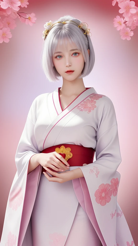 style: 3D realistic animation style, high detail, Soft sheen, Brightly colored characters: Silver short bob girl, Big Red Eyes, The expression is gentle and calm.: Traditional kimono, White and light purple combination, Floral embroidered accessories: red flower decoration in hair, Surrounding aura effect background: Bright flowers々A circular frame surrounded by, Red and pink flowers, White halo effect items: A girl holds a red heart-shaped jewel in her hand, Others that shine with light: A soft fantasy feel, Warm atmosphere, Background with gold design