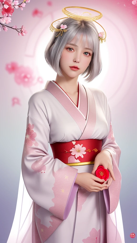 style: 3D realistic animation style, high detail, Soft sheen, Brightly colored characters: Silver short bob girl, Big Red Eyes, The expression is gentle and calm.: Traditional kimono, White and light purple combination, Floral embroidered accessories: red flower decoration in hair, Surrounding aura effect background: Bright flowers々A circular frame surrounded by, Red and pink flowers, White halo effect items: A girl holds a red heart-shaped jewel in her hand, Others that shine with light: A soft fantasy feel, Warm atmosphere, Background with gold design