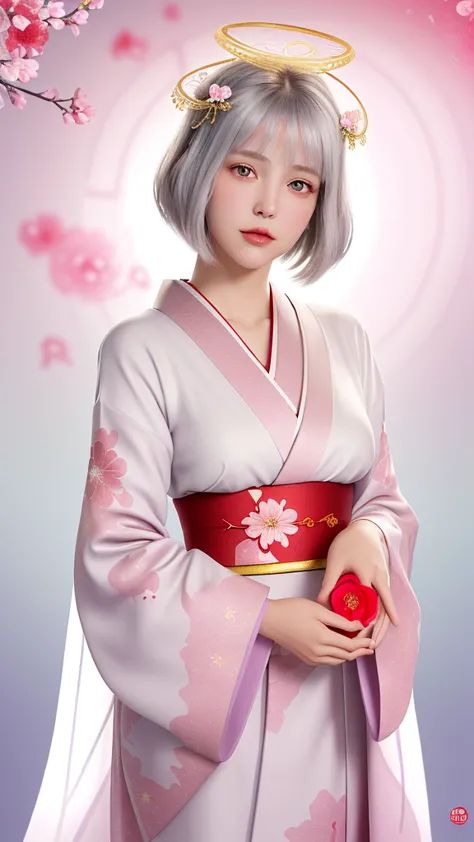 style: 3d realistic animation style, high detail, soft sheen, brightly colored characters: silver short bob girl, big red eyes, ...