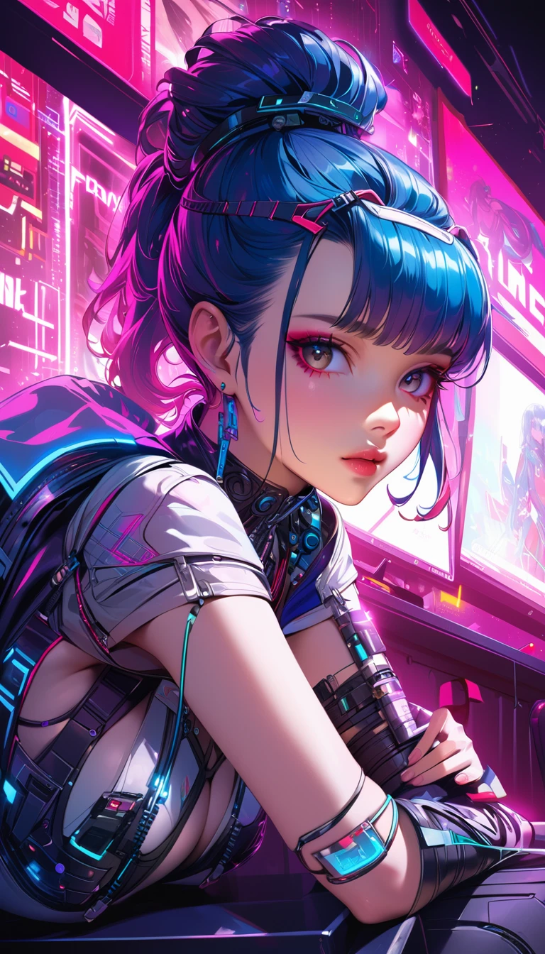 a cyberpunk-inspired woman, porcelain skin, pawg, intricate cyberpunk outfit with bold colors and patterns, eye-catching accessories, trendy and innovative hairstyle, highres, 4k, ultra-detailed, photorealistic, hyper detailed, gorgeous, flawless skin, dramatic lighting, cinematic, digital art, concept art