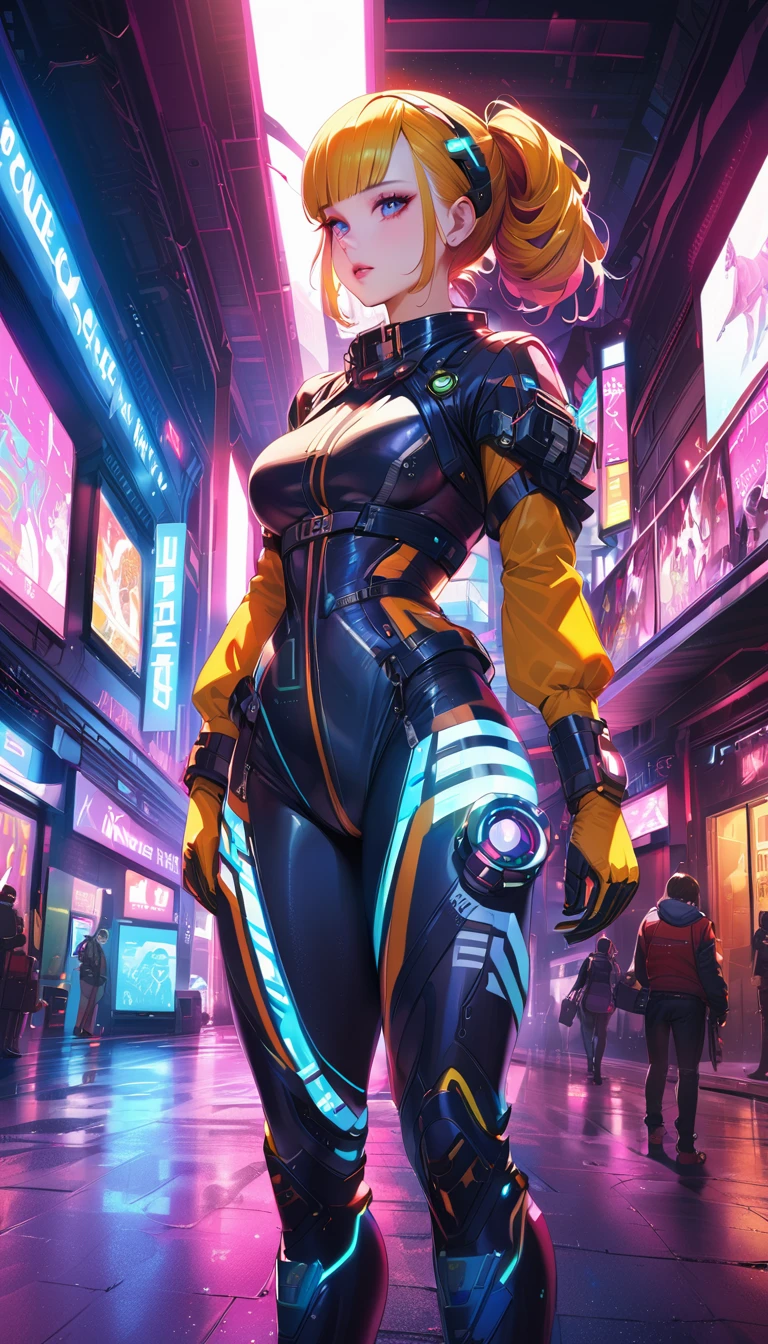 a cyberpunk-inspired woman, porcelain skin, pawg, intricate cyberpunk outfit with bold colors and patterns, eye-catching accessories, trendy and innovative hairstyle, highres, 4k, ultra-detailed, photorealistic, hyper detailed, gorgeous, flawless skin, dramatic lighting, cinematic, digital art, concept art