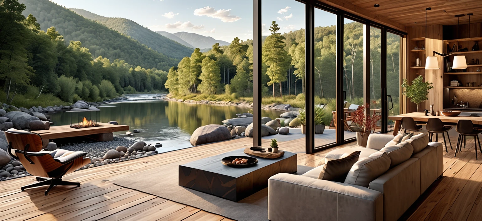 Design a modern cabin retreat with a stunning mountain and river view. The setting should feature a sleek wooden deck with contemporary furniture, including minimalist wooden chairs and a modern coffee table. Incorporate soft lighting to create a calming ambiance. Enhance the natural beauty with strategically placed potted plants and a clear view of the surrounding forest and river. The design should blend modern elegance with the rustic charm of a cabin in the woods.
