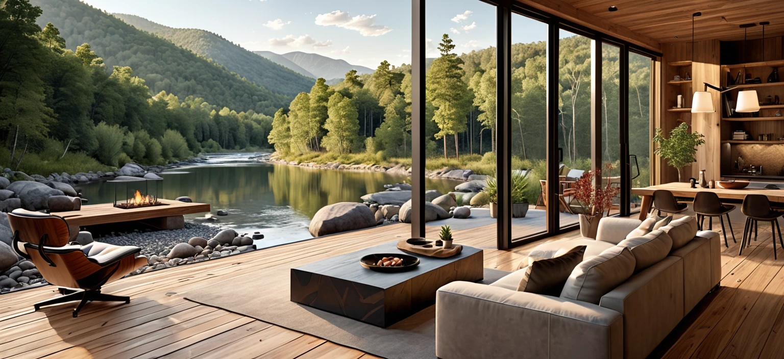 Diseñe un refugio moderno en una cabaña con impresionantes vistas a la montaña y al río.. El entorno debe contar con una elegante terraza de madera con muebles contemporáneos., incluyendo sillas de madera minimalistas y una mesa de café moderna. Incorpora una iluminación suave para crear un ambiente relajante.. Mejore la belleza natural con plantas en macetas ubicadas estratégicamente y una vista clara del bosque y el río circundantes.. El diseño debe combinar la elegancia moderna con el encanto rústico de una cabaña en el bosque..
