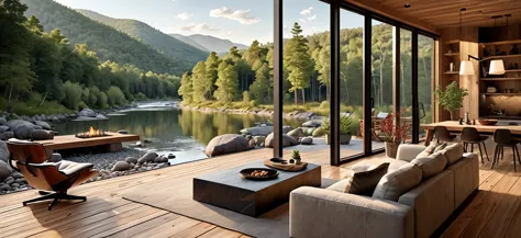 Design a modern cabin retreat with a stunning mountain and river view. The setting should feature a sleek wooden deck with conte...
