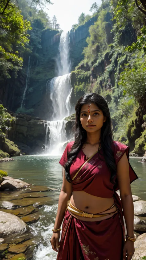 indian woman near waterfall , adventure ,