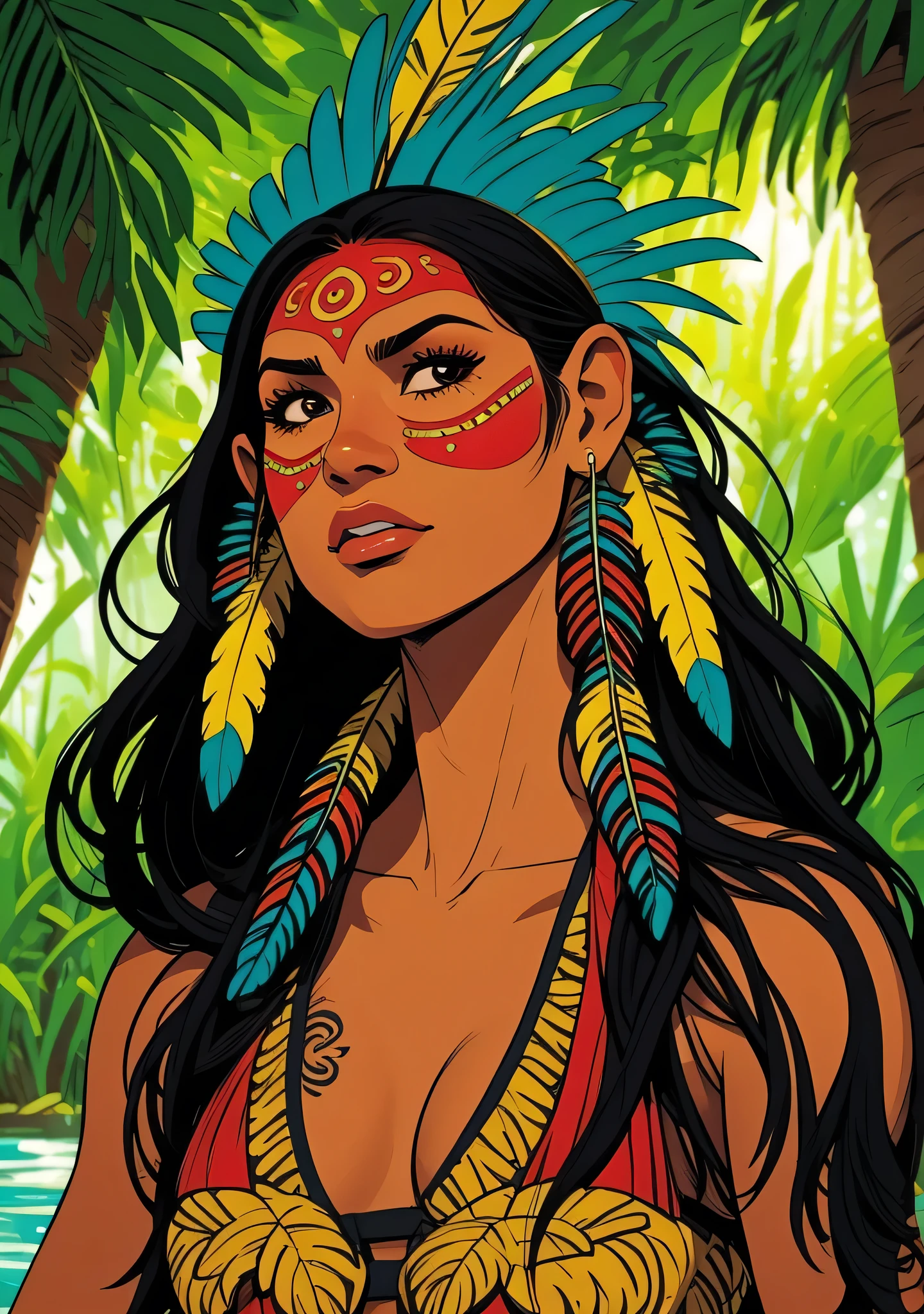 コミックアート, デジタルペインティング. 頭に羽根と羽をつけたネイティブの美しい先住民の少女, ブラジルのアマゾン先住民, 美しい若いブラジル人女性, 顔をペイントする, 熱い体, 典型的な衣装を着たヤノマミ族インディアン,高品質. アマゾンの熱帯雨林と川底. 明るい色, 映画照明. 詳細な, 複雑な, 詳細な face.
