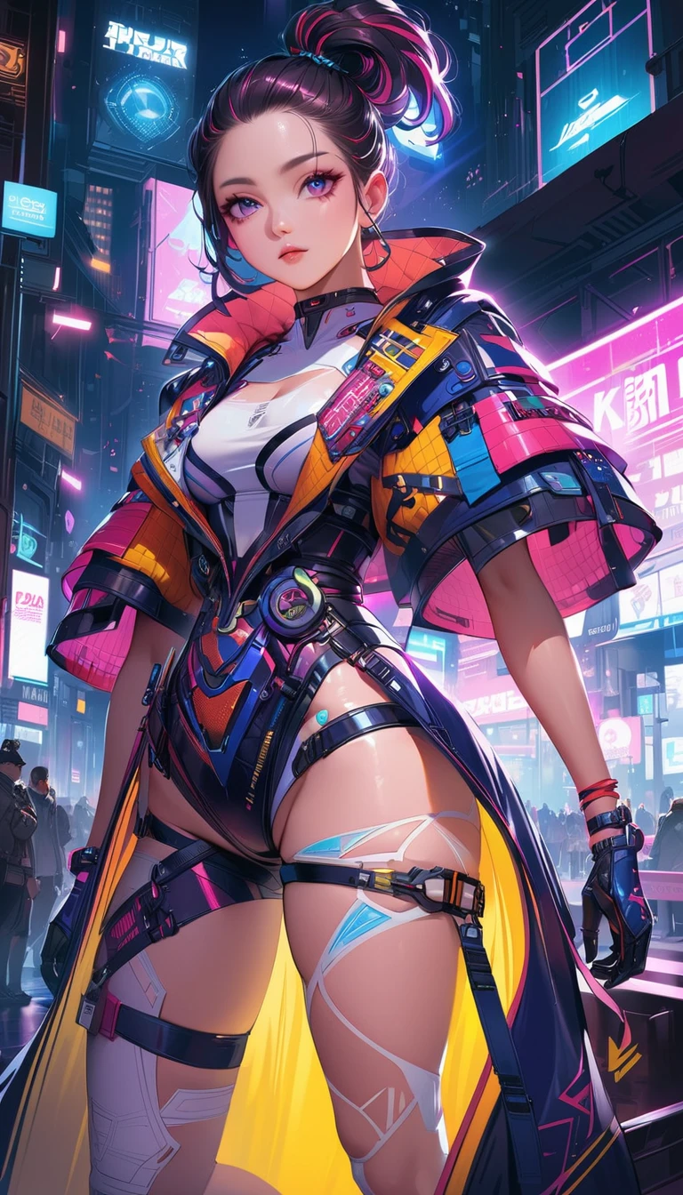 a cyberpunk-inspired woman, porcelain skin, pawg, intricate cyberpunk outfit with bold colors and patterns, eye-catching accessories, trendy and innovative hairstyle, highres, 4k, ultra-detailed, photorealistic, hyper detailed, gorgeous, flawless skin, dramatic lighting, cinematic, digital art, concept art