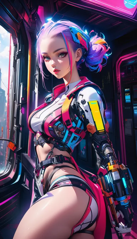 a cyberpunk-inspired woman, porcelain skin, pawg, intricate cyberpunk outfit with bold colors and patterns, eye-catching accesso...