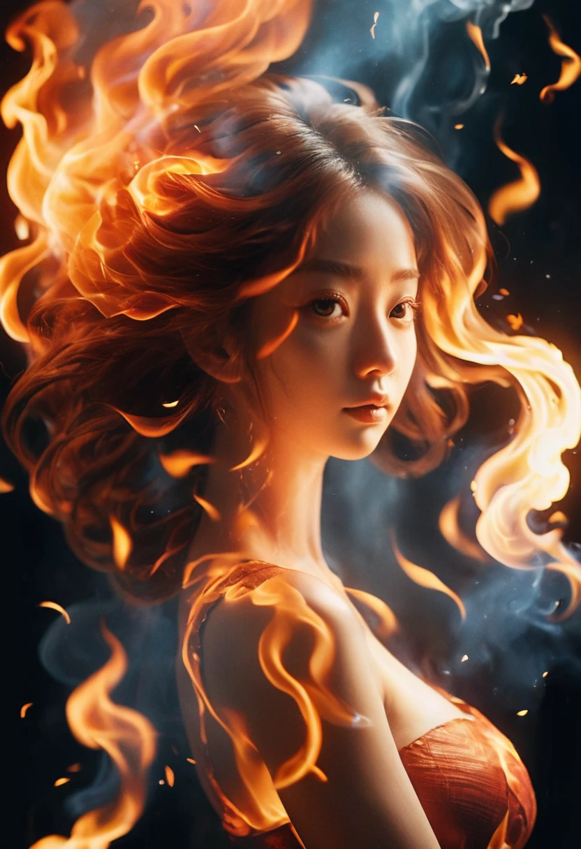 (Fire Element:1.1),It consists of the fire element,(1. Huge Breasts:1.2),combustion,Transparency,intense,(lava),Flame Skin,Framed Prints,intense hair,Smoke a cigarette,cloud,Minced,,girl engulfed in flames, Flames soar and sparks fly,Burning hand,translucent luminescence,