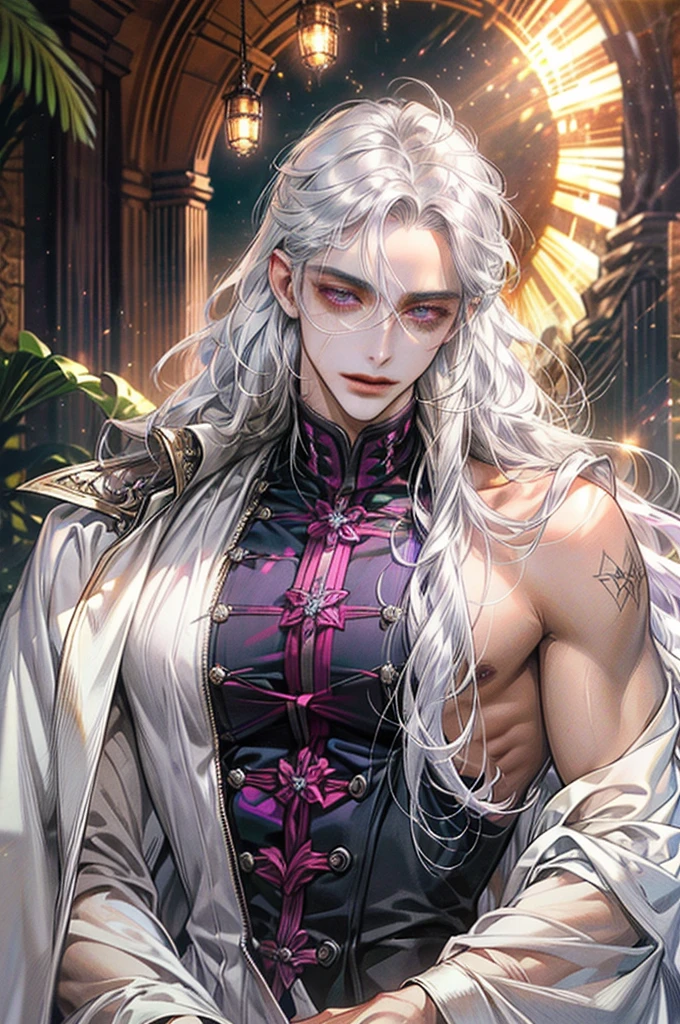 1 man with long curly white hair, silver hair, Beautiful man, Sunkissed tan skin, purple magenta eyes, handsome, white happy trail, thin body, big ass, fair skin, Cinematic lighting, hyper HD, Masterpiece, High details, ((sexy dynamic pose))