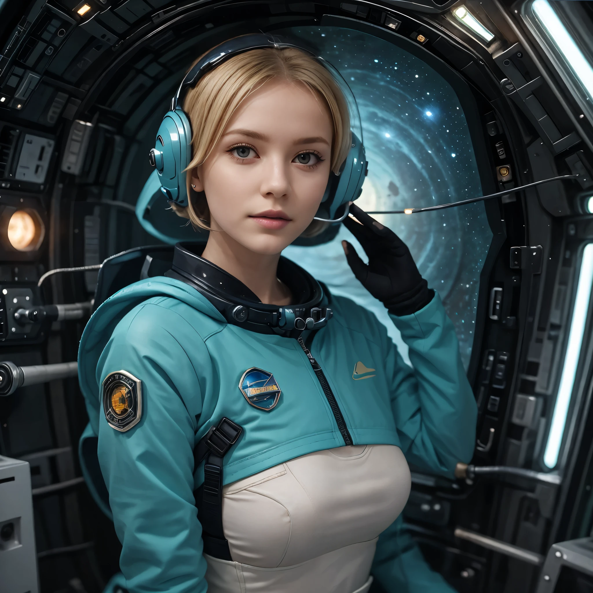 (masterpiece:1.4),(best quality,photorealistic), A beautiful Blonde woman with short hair 28 years old, she is wearing a full length Teal space suit, she has perfect hands and face, she is sitting in a space capsule, there computers and flight controls, and exclusive, Luxury, you can see a moon out of the window, space nebulas, planets, control panel 