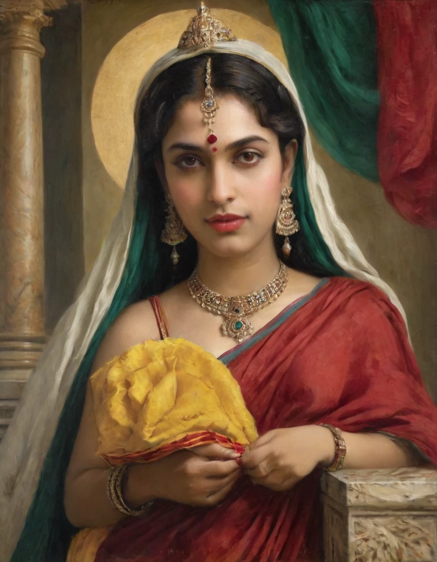 Beautiful Indian Woman, wearing saree, sari Beauty, gorgeous, Apsara, Maharani, royal queen woman, nymph from Hindu Mythology, Urvashi, matchless beauty, Highly detailed, Oil Painting by Peter Paul Rubens inspired by Raja Ravi Varma, Matchless beauty, captivating, gorgeous, heavenly beauty, celestial beauty, by Peter Paul Rubens, 13, realistic, hyper realistic, micro details, incredible artwork, insane details, ultra High resolution, 8k, 32k, acrylic on canvas, intricate, flawless, detailed, detailed face, detailed eyes, masterpiece, by Peter Paul Rubens, by Caravaggio, by William Adolphe bouguereau, perfect face, perfect body, beautiful art, realism, baroque, renaissance Art, highly textured, beautiful and detailed eyes, uhd, best quality,
