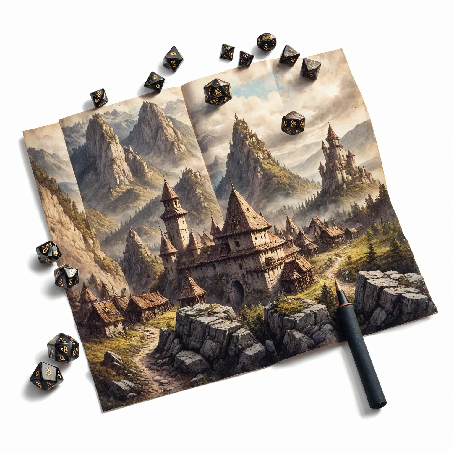 Macro photo of octahedral dice resting amidst a rough charcoal sketch, atop an artist's table, scene captured with a view from above, capturing a medieval hero's journey with adventurers advancing toward a mountain fortress, distant dragons looming, high-detailed landscape, Miki Asai-inspired macro photography, Gerald Brom and Benedick Bana style of hyperrealism, trending ArtStation visuals, sharp focus, intricate details. highly detailed