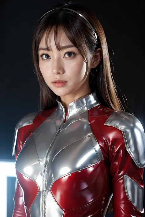 Ultraman、Realistic、Realistic、Cinema Lighting, Girl in shiny red and silver suit、15 years old、Professional photos、Don&#39;Do not ...