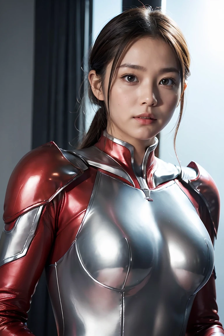 Ultraman、Realistic、Realistic、Cinema Lighting, Girl in shiny red and silver suit、15 years old、Professional photos、Don&#39;Do not expose your skin, Japanese Model, japanese cgi、Ultraman Suit、, Power Rangers Suit、Tight and thin cyber suit,The whole body is as soft as rubber.、There&#39;s pink There、 Delicate body, Big Breasts、Small Ass、Thin thighs、Thin arms、Narrow waist、Camel Toe、Both sides of the cybersuit fit snugly against the skin.、Big eyes、Black Short Hair、Look forward、Look forward立っている、A glowing sphere is embedded in his chest..、Essay exam、 Blue sky background