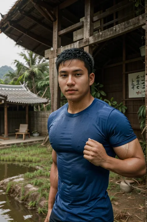 独奏 , 1 person , Image of a handsome Asian rugby player, short hair, no beard, muscular, big muscles, wearing a navy blue round n...