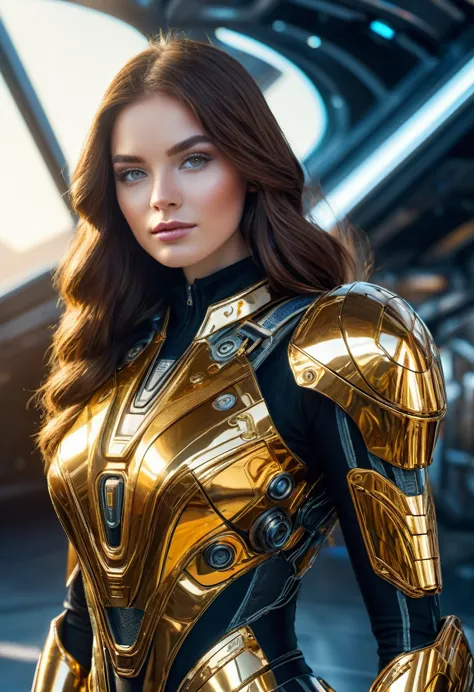 a beautiful 19 yo Arkansas woman with long brown hair, amber eyes, wearing a New Foundland military space battle suit next to go...