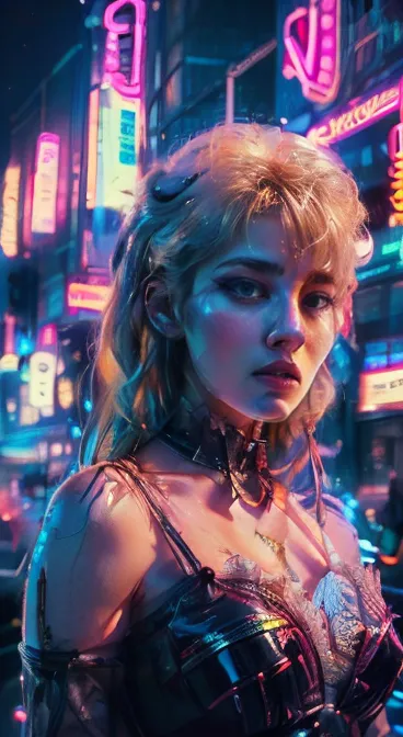 a sexy woman, blonde hair, 80's sexy clothes, neon lights on the streets, atmospheric synthwave scenario, hyper detailed, highly...