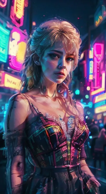A sexy woman, blonde hair, 80's sexy clothes, neon lights on the streets, atmospheric synthwave scenario, hyper detailed, highly...