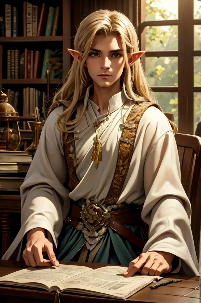 With a sword on the table in front of him a 30 year old Male Elf is sitting behind a table filled with papers and open books the back ground an office or a library with lots of papers and maps on the wall. He is wearing a Taoist cleric robe. 