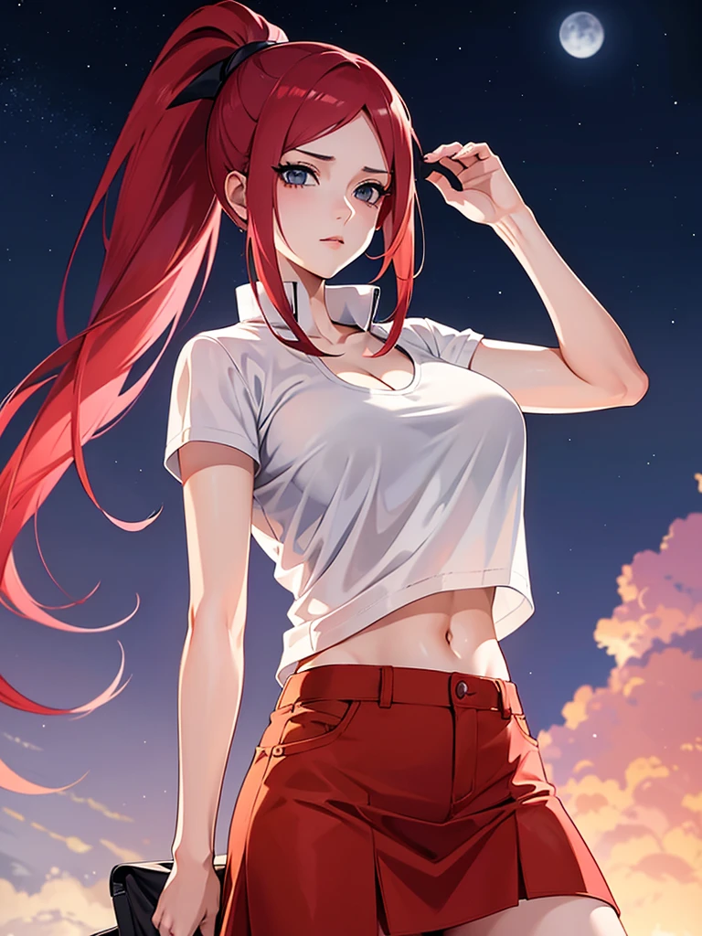 uzumaki_kushina, pecho grande, lleva una chaqueta y una camiseta blanca y una falda, de pie derecho,cara en la cámara, cielo nocturno,ombligo, escote ,levantar la falda con la mano ,cola de caballo,pelo largo,mano arriba,devolver