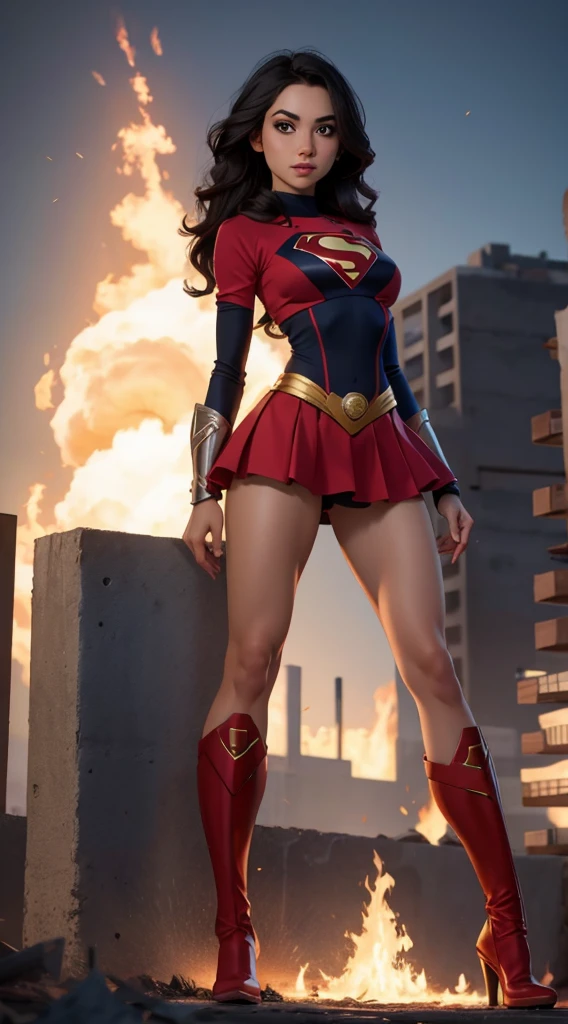 motor irreal:1.4,CG ultra realista 64K, fotorrealista:1.4, textura de la piel:1.4, obra maestra:1.4,posing behind Beautiful woman in a Superman costume standing in front of a fire apocalyptic city, mostrando vientre plano,red miniskirt, ,beautiful fine hands,