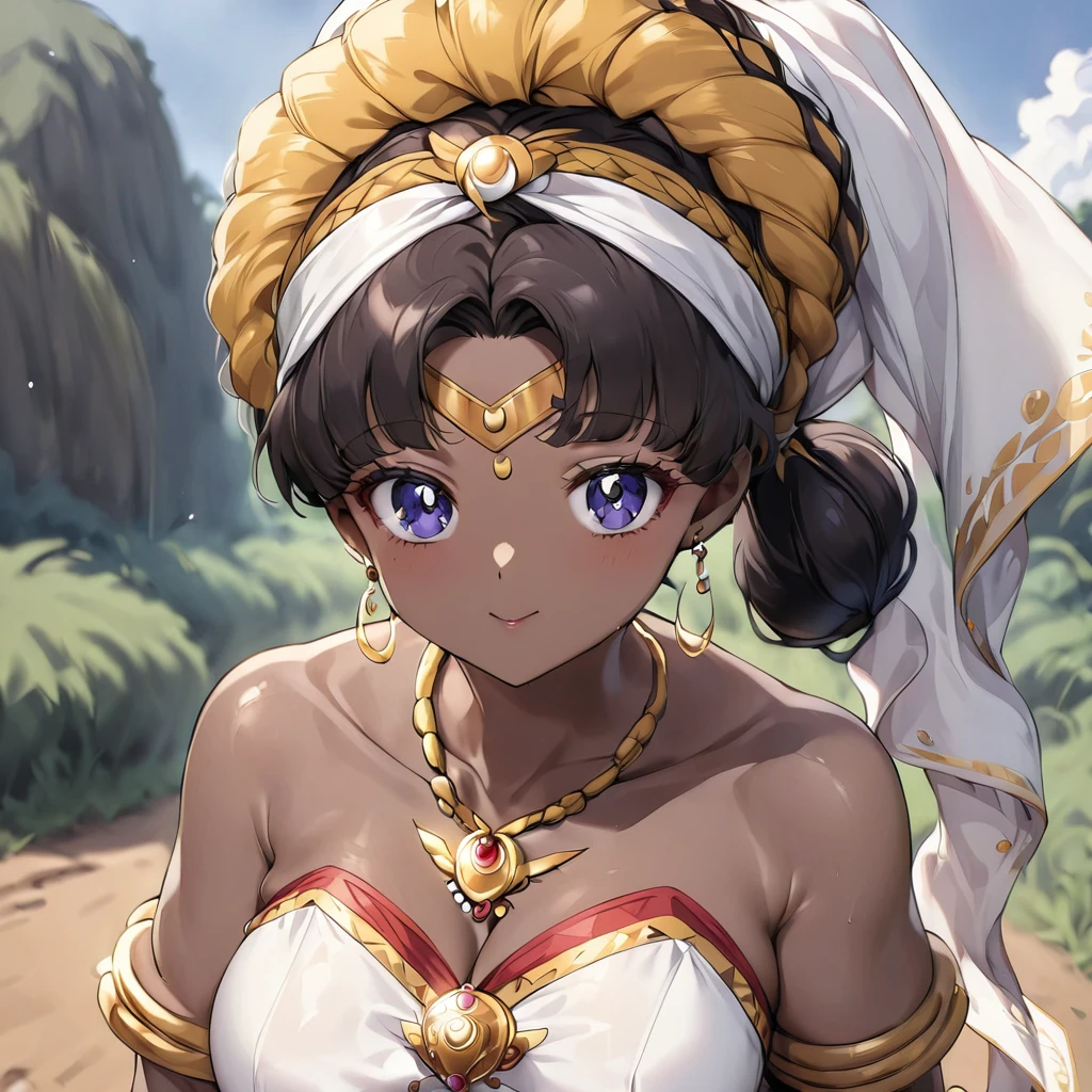 ((Highest quality)), ((masterpiece)), (detailed), （Perfect Face）、The woman is a Ghanaian born Tsukino Usagi with a vivid dark skin, black by birth, and is wearing a colorful Ghanaian dress from a Ghanaian village, a colorful turban head scarf, gorgeous jeweled accessories, and an engagement ring.、The woman is the elegant Tsukino Usagi, with her short black afro hair tied up in a Ghana braid, wearing a colorful Ghanaian dress and a colorful turban head scarf, with vibrant dark brown skin, a natural-born black person, and a natural-born Ghanaian, Tsukino Usagi.、（The woman is a black Ghanaian with vivid dark brown skin.）、The woman is raising children and doing village work with other village girls in her village in Ghana.