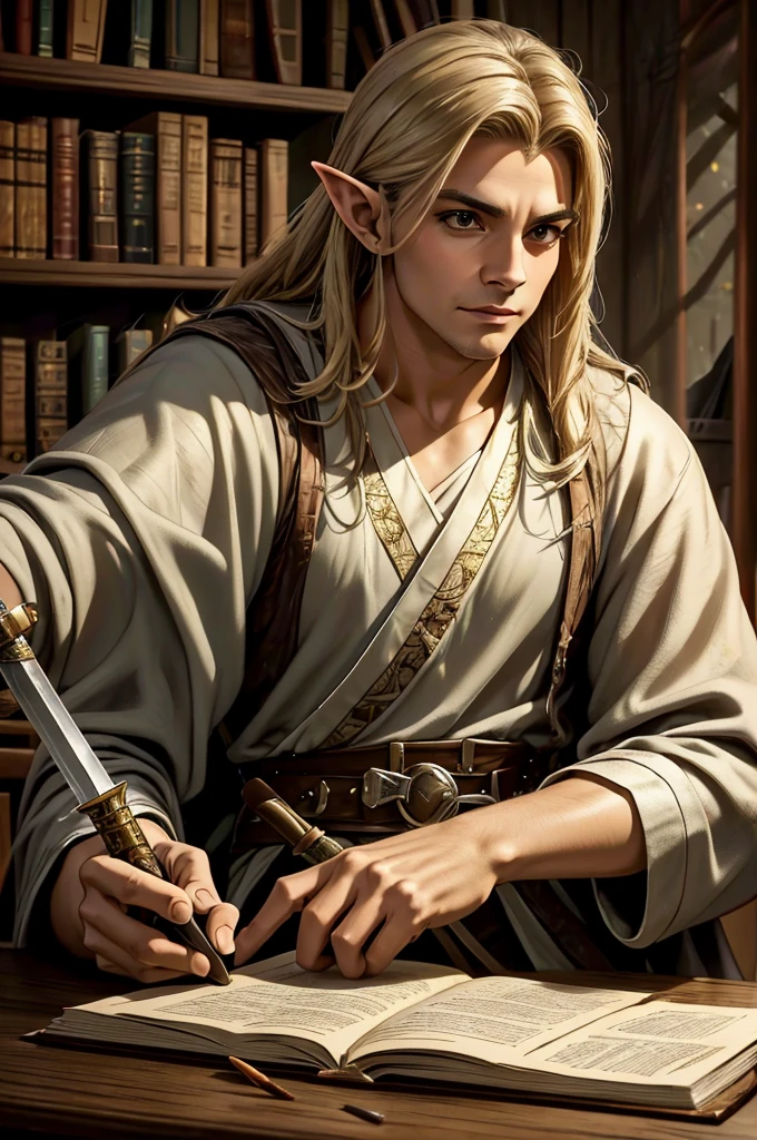 With a sword on the table in front of him a 40-year-old Male Elf is sitting behind a table filled with papers and open books the background an office or a library with lots of papers and maps on the wall. He is wearing a Taoist cleric robe. There is a sword on the table.
